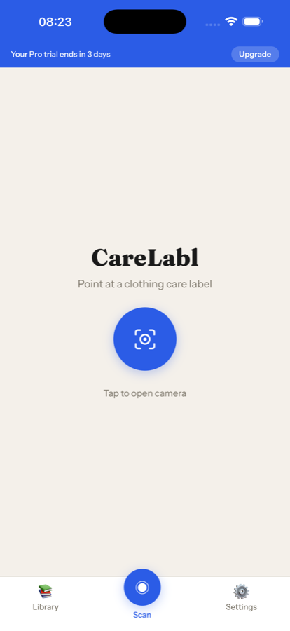 Scan screen — point camera at any care label