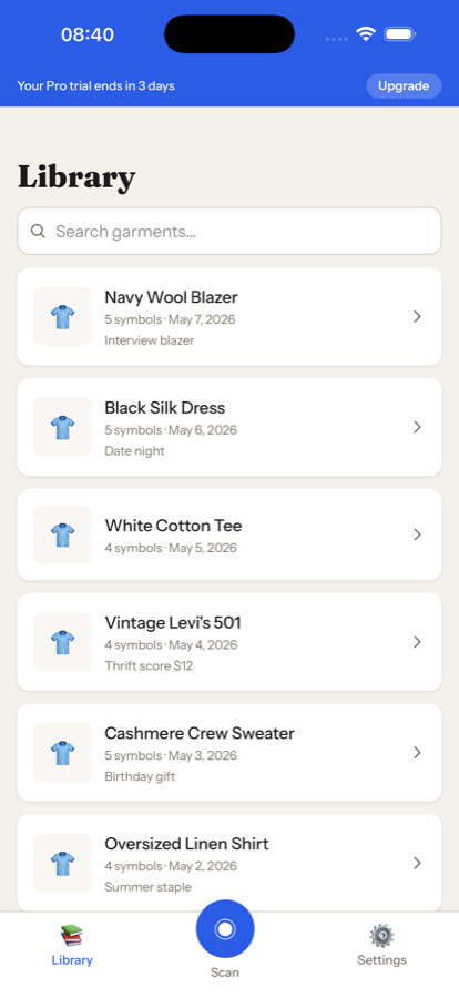 Library screen — saved garments grid