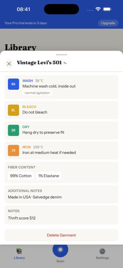 Garment detail — full care instructions for a saved item